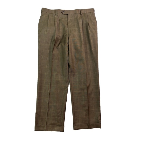 Jos. A. Bank Other - Jos A‎ Bank 38x29 Brown Windowpane Suit Pants 100% Wool Pleated Trousers Cuffed